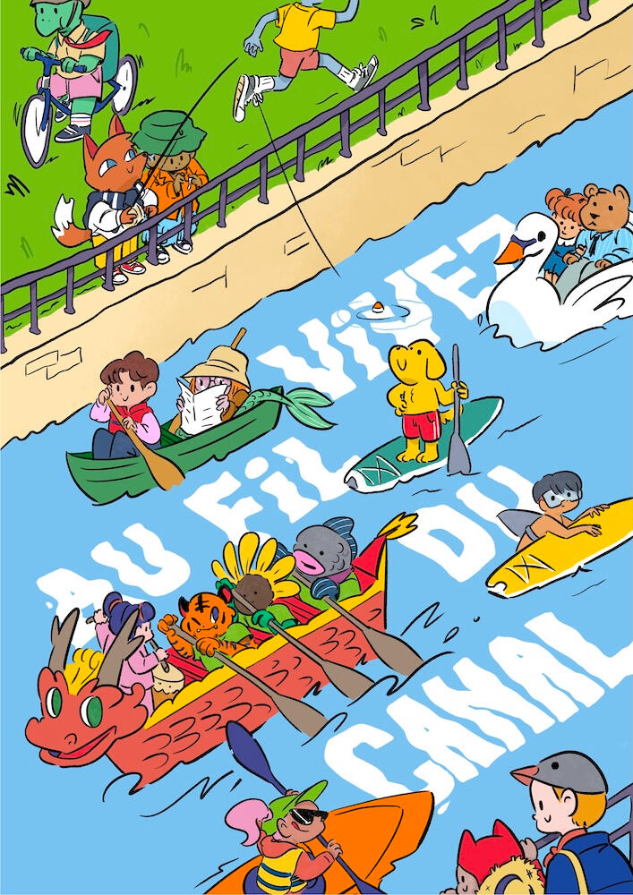 Fun characters enjoying summer in the waters of Lachine Canal