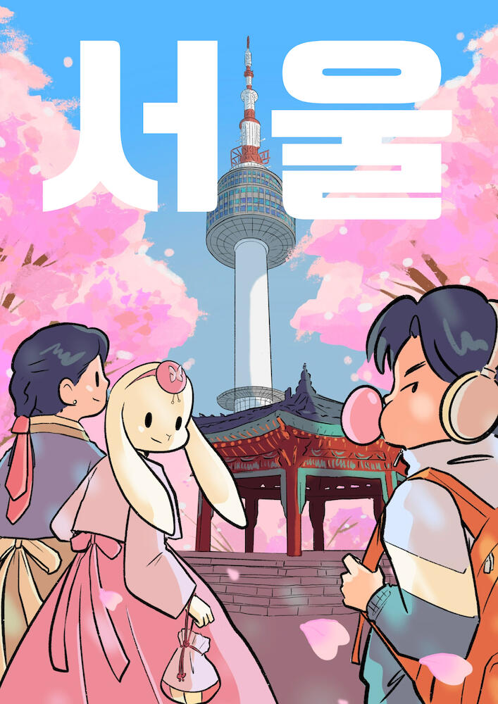 Rabbit, woman in hanbok and man walking near the famous nam sam tower in Seoul