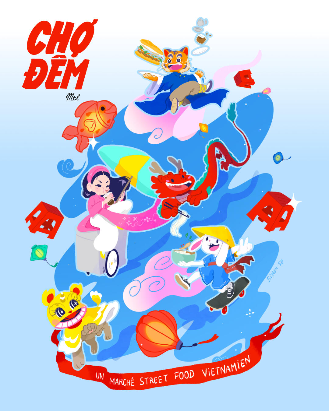 Vietnamese street food festival with fun characters